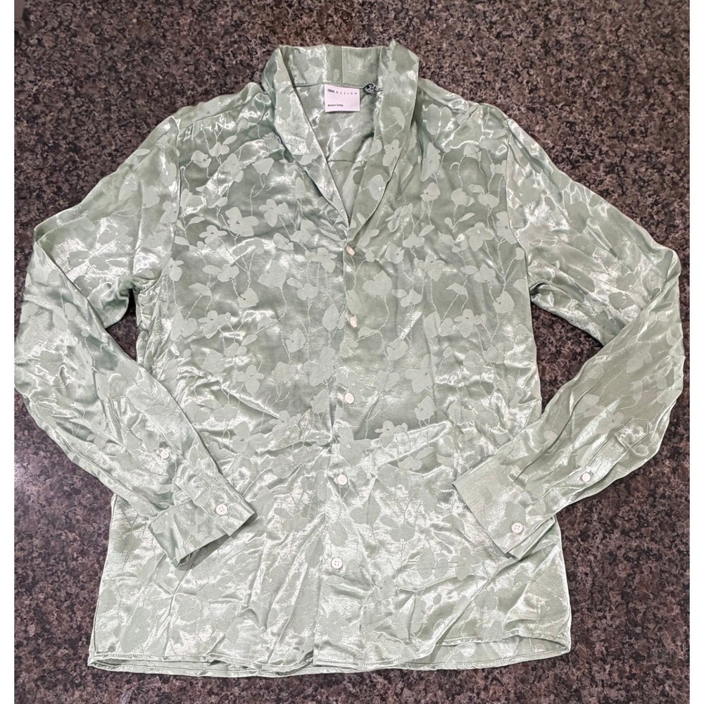 ASOS DESIGN Women Sage Green Satin Floral Jacquard Button Down Blouse Shirt Med